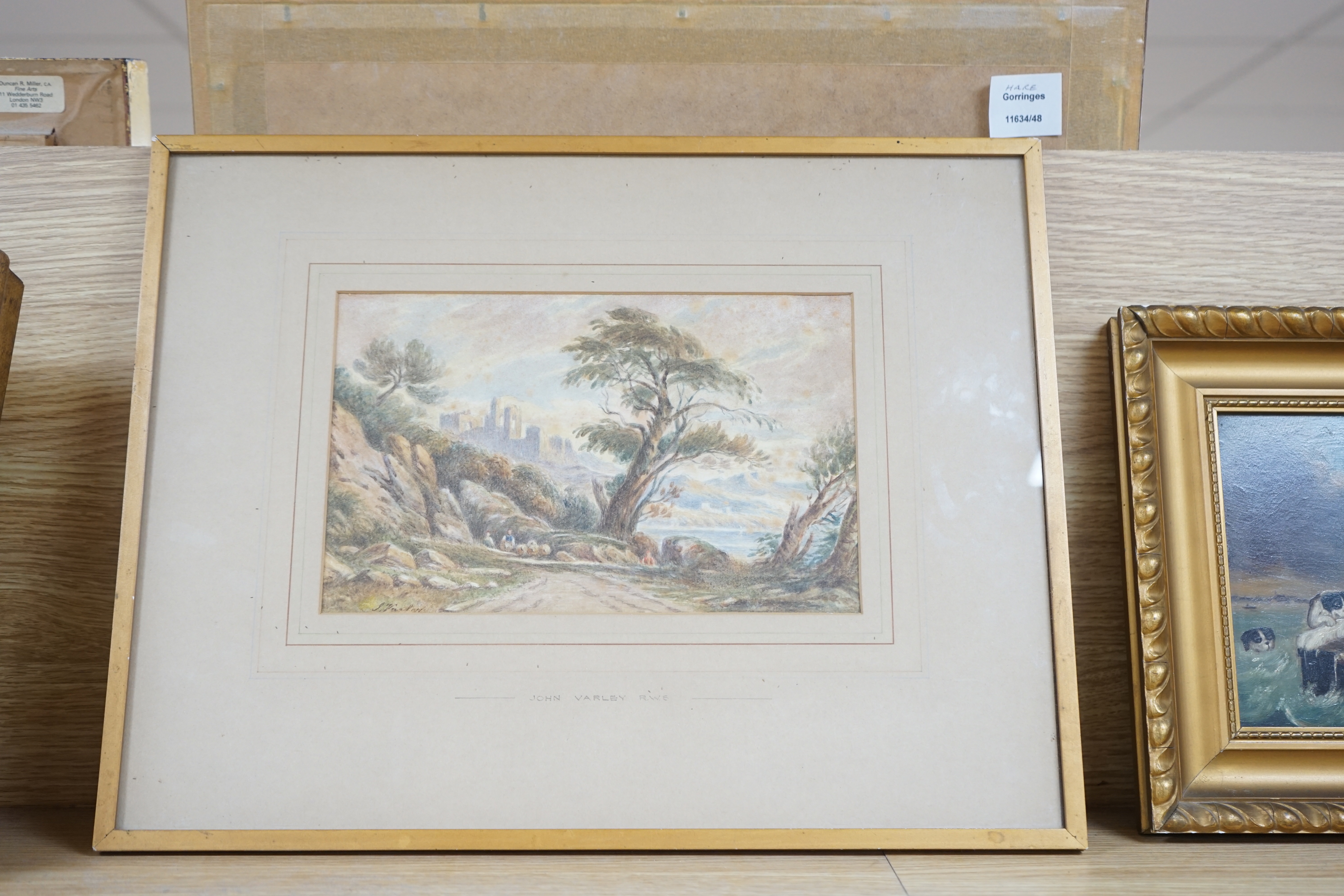 John Varley RWS (1778-1842), watercolour, Flock of sheep before castle ruins, signed, 16 x 25cm